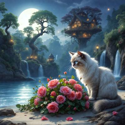 The primary subject of the image is a white cat sitting on a beach. The cat is surrounded by a beautiful and colorful environment, featuring a pink flower arrangement and a waterfall in the background. The setting appears to be a fantasy world, with the cat sitting in front of a house and a tree. The visual style of the image is a digital art or illustration, creating a vibrant and lively atmosphere. The dominant colors in the image are pink and white, giving the scene a warm and inviting mood